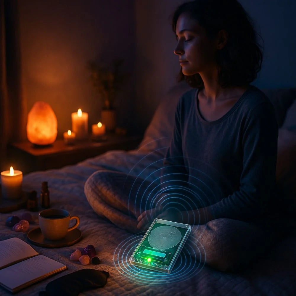 Woman sitting in a dimly lit room with candles and crystals, using a futuristic frequency generator evorina device.