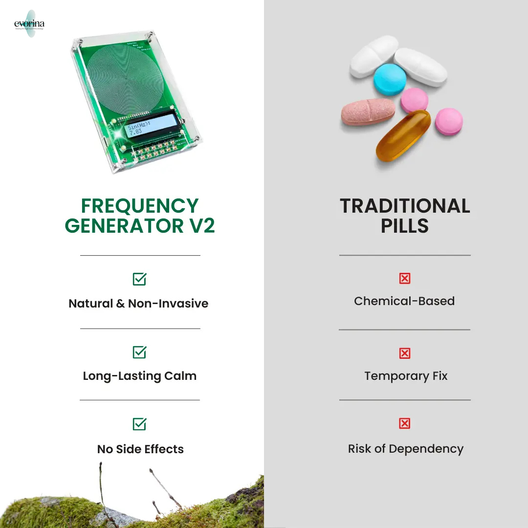 Comparison between a frequency generator V2 and traditional pills on a white background.