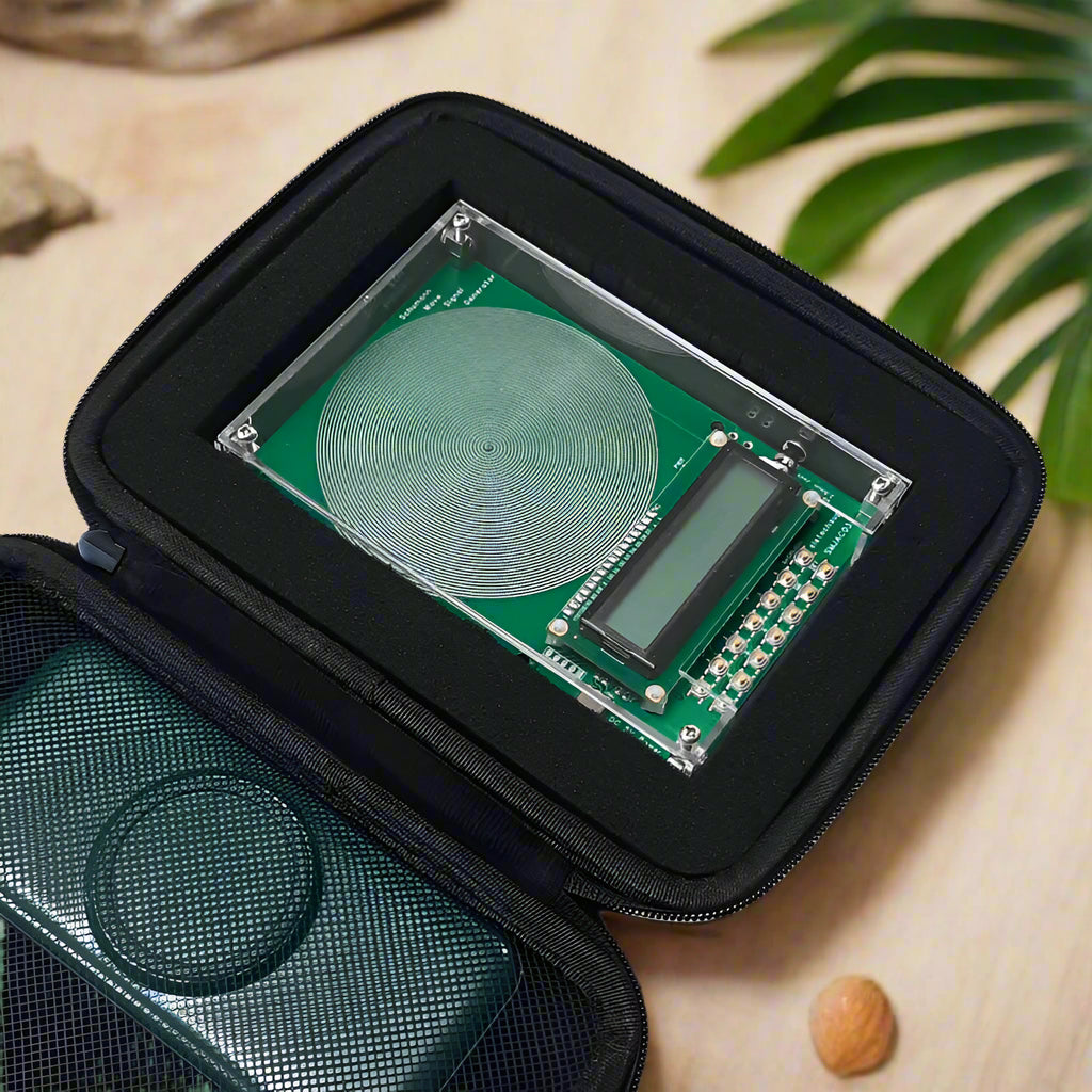Electronic component in a black carrying case on a white background