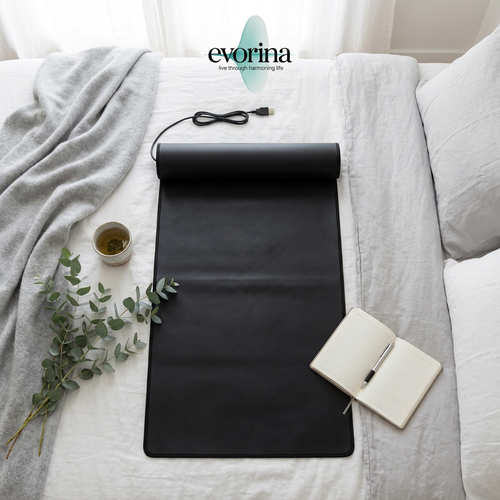 Black Grounding Mat on a bed with a cup, notebook, and plant, branded with evorina.