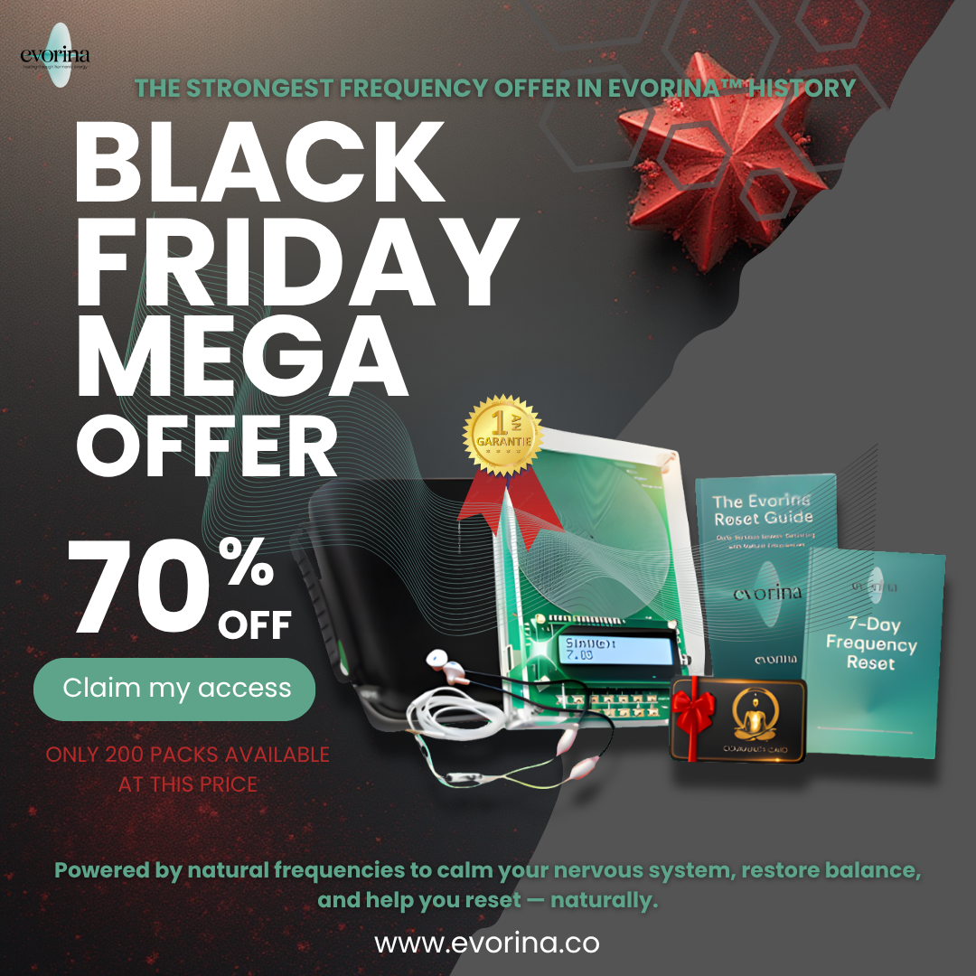 Black Friday mega offer advertisement with evorina device and accessories on a dark background