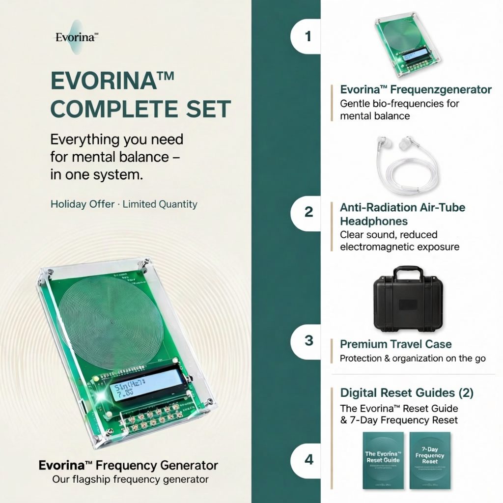 Evorina Complete Set product display with frequency generator and accessories on a white background.