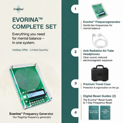 Evorina Complete Set product display with frequency generator and accessories on a white background.