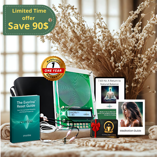 Product bundle with electronic device, books, and promotional text on a wooden surface.