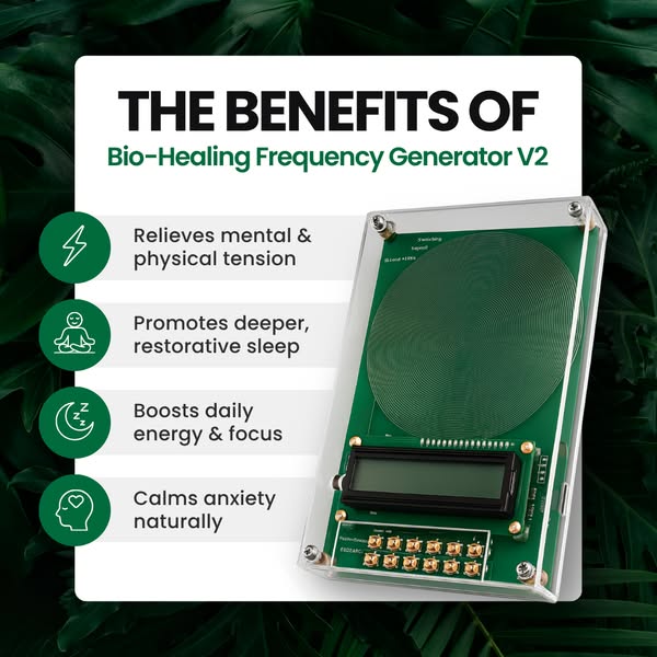 Bio-healing frequency generator V2 with benefits listed on a green leafy background