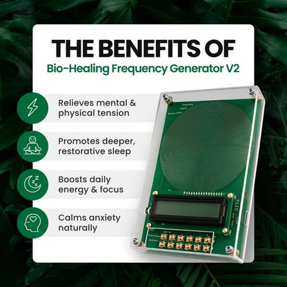 Bio-healing frequency generator V2 with benefits listed on a green leafy background